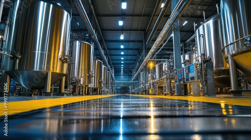 Industrial facility with large stainless steel tanks and a polished floor, indicating production.