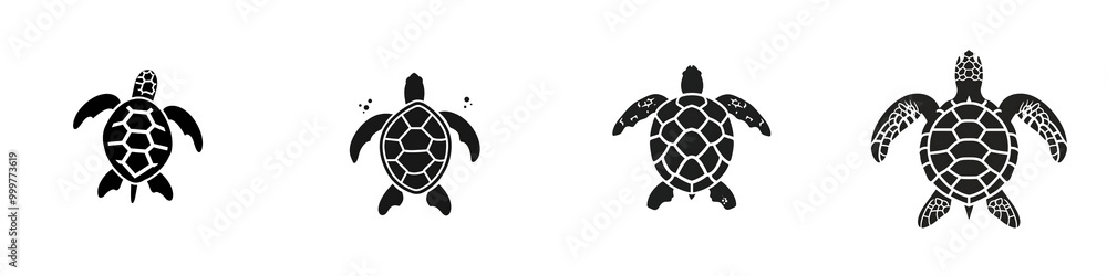 Fototapeta premium Stylized turtle illustrations in various poses, white isolate background.
