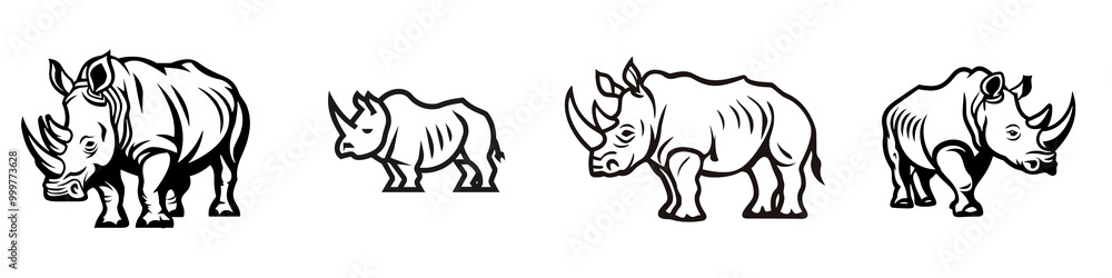 Three artistic representations of rhinoceroses on a white background. Three artistic representations of rhinoceroses on a white background.