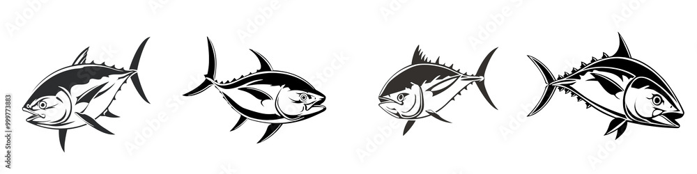Fototapeta premium Various fish silhouettes on a white isolated background.