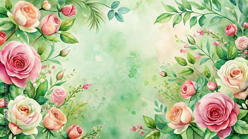 Green floral backdrop with blooming watercolor roses