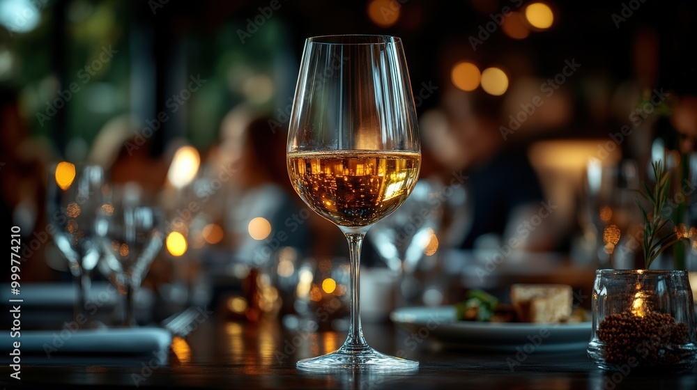 A glass of white wine on the table in an empty modern restaurant A glass of white wine on the table in an empty modern restaurant