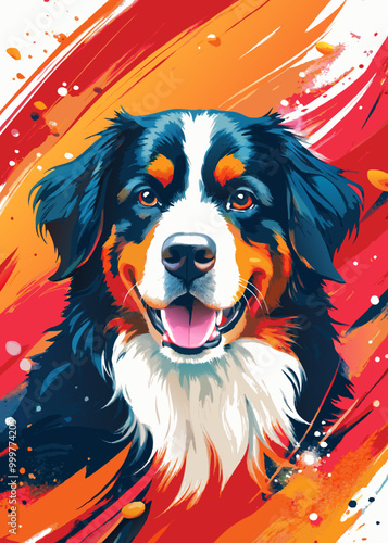 Vibrant Illustration of a Colorful Bernese Mountain Dog with Artistic Flair