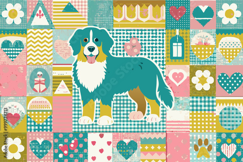 Colorful Patchwork Background with Illustrated Bernese Mountain Dog