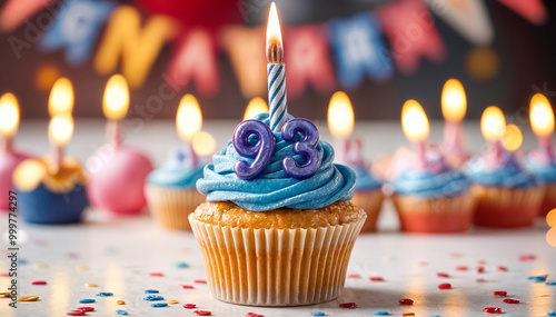 Birthday cupcake with burning lit candle with number 93. Number ninety-three for ninety-three years or ninety-third anniversary. photo