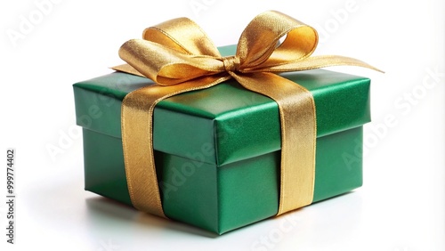 Green gift box with gold ribbon and bow isolated on white background, low angle view