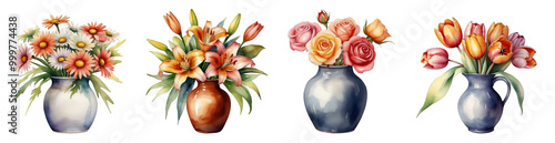 Set of beautiful watercolour blooming flowers in ceramic vase isolated on transparent background. Generative AI