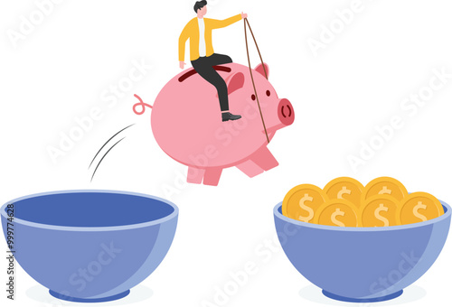 Businessman holding piggy bank jumping from small bowl without gold coins to big bowl full of gold coins, 

