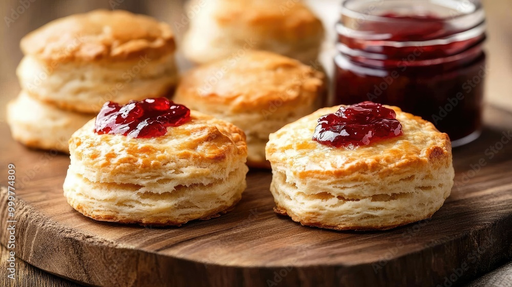 Flaky biscuits topped with jam, served on a wooden board for a delightful treat. Flaky biscuits topped with jam, served on a wooden board for a delightful treat.