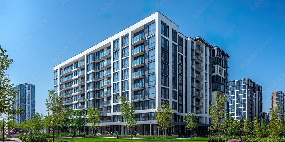 Modern block of flats in a green area. residential apartment with a flat building exterior. luxury house complex. Part of City Real estate property, condo architecture. apartment insurance concept. Modern block of flats in a green area. residential apartment with a flat building exterior. luxury house complex. Part of City Real estate property, condo architecture. apartment insurance concept.