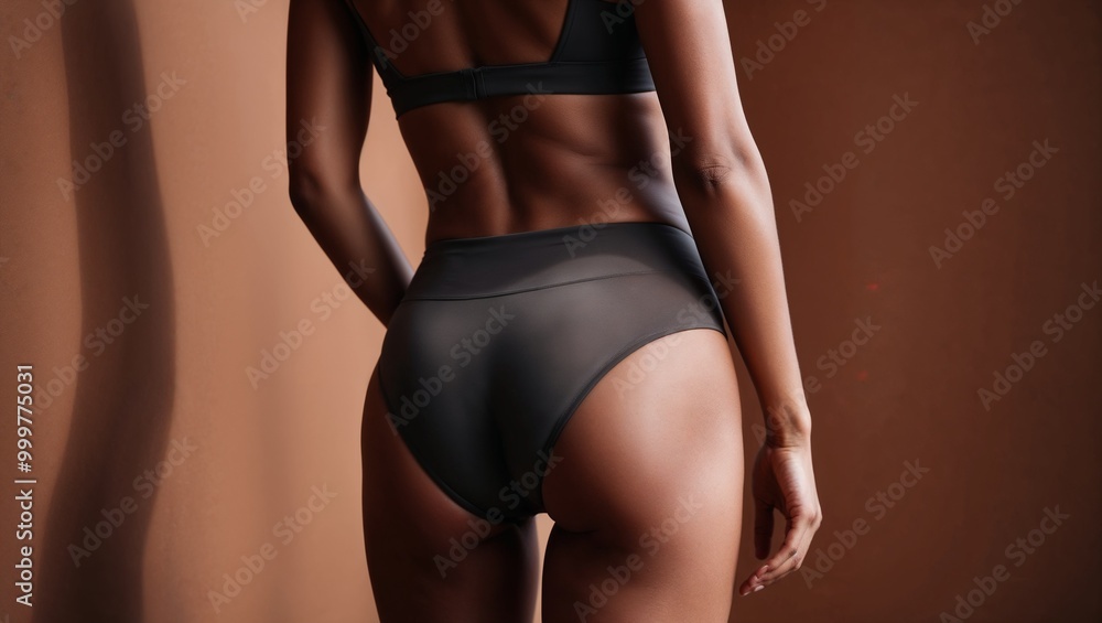 Obraz premium Close-up of a beautiful female body in black underwear on a brown background