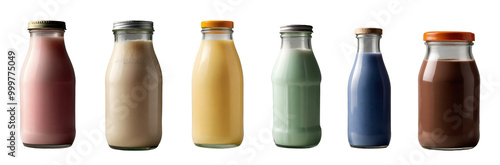 Set of delicious different flavoured milkshakes combinations in glass bottles isolated on transparent background. Generative AI