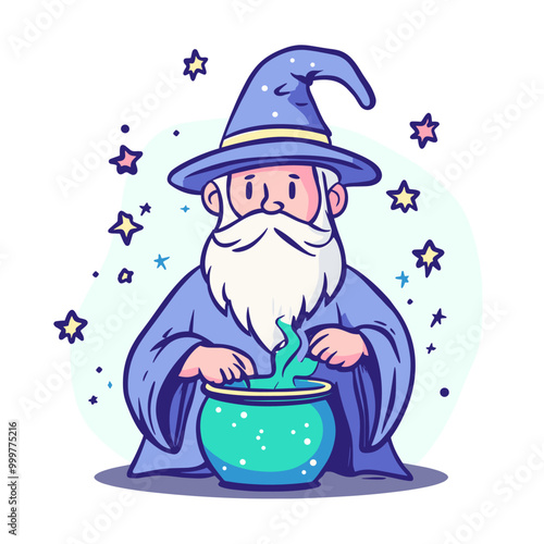 vector drawing old magician brews a potion on a white background .Generative AI