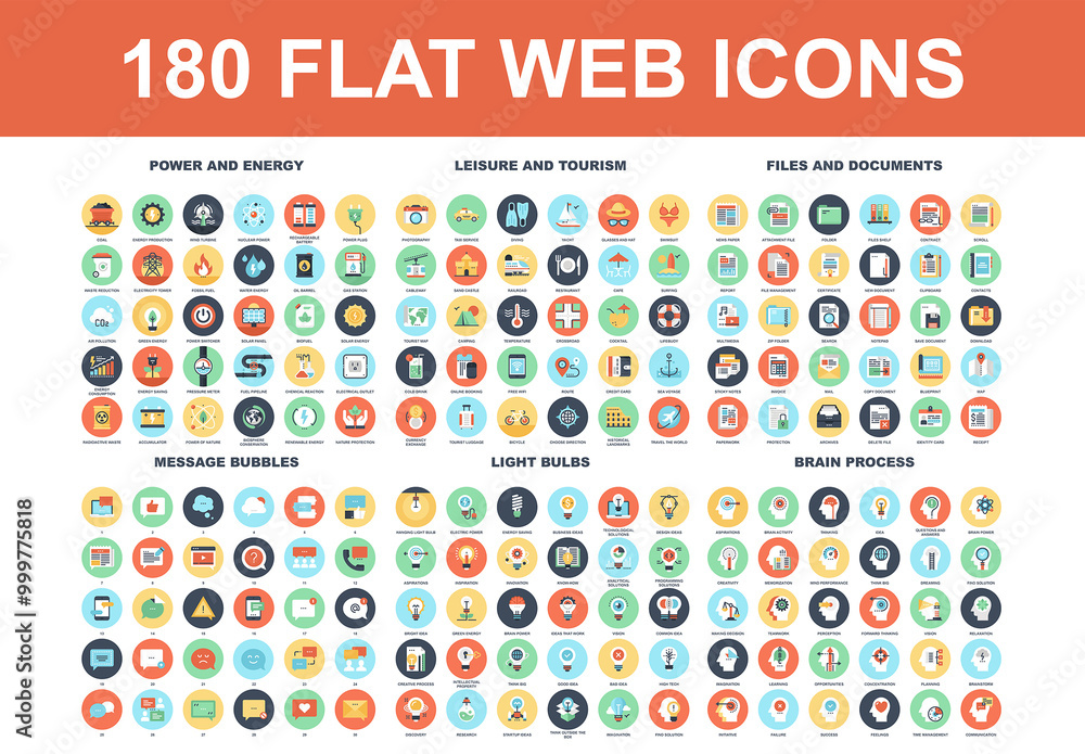 Vector set of 180 flat web icons on following themes - files and ...
