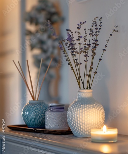 still life with lavender and candle photo