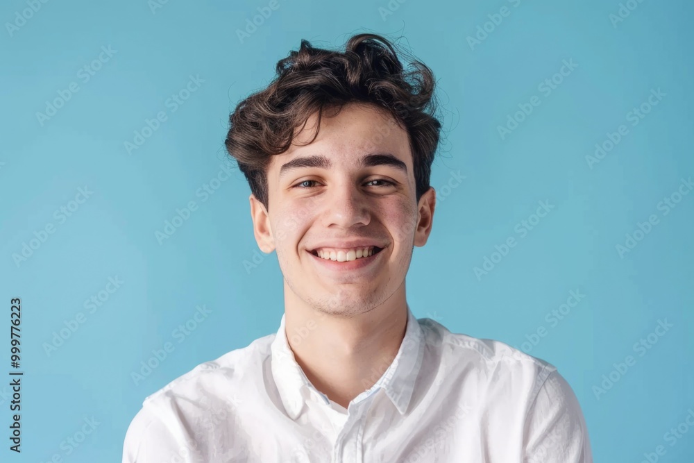 A smiling young man wearing a white shirt A smiling young man wearing a white shirt