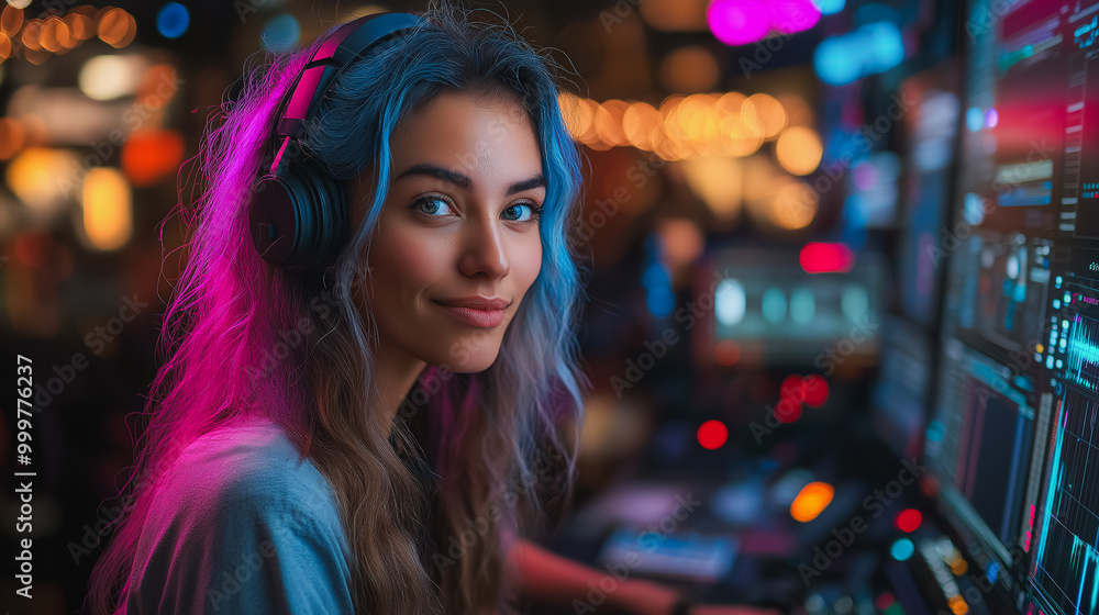 A woman wearing headphones and smiling at the camera A woman wearing headphones and smiling at the camera
