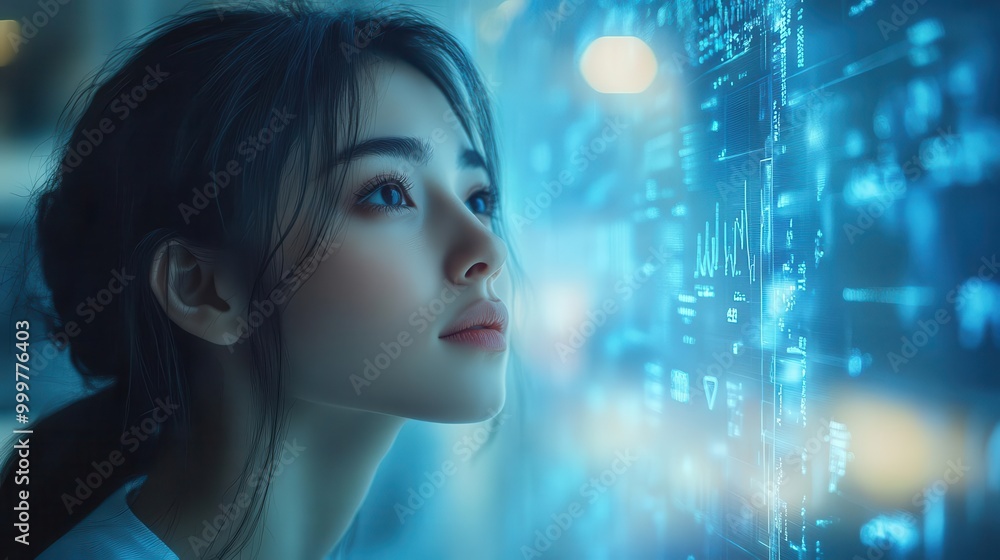 pensive businesswoman analyzing holographic data projections surrounded by floating graphs and charts in a minimalist hightech office space bathed in soft blue light pensive businesswoman analyzing holographic data projections surrounded by floating graphs and charts in a minimalist hightech office space bathed in soft blue light