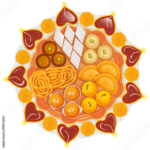 Diwali Rangoli made with Sweets, Diyas and Marigold Flowers. Gulab Jamun, Jalebi, Kaju Katli, Gujhia, Motichoor, Basen and Boondi Laddus in Thali Top View