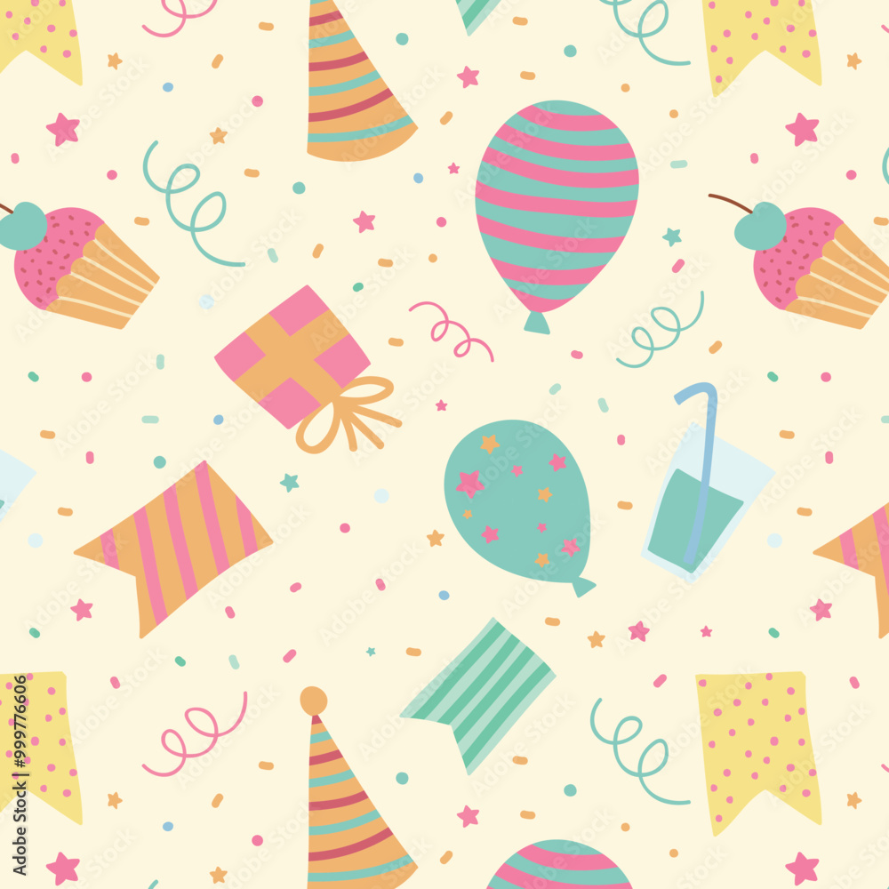 Fun hand drawn party seamless background with cakes, gift boxes, balloons and party decoration. Great for birthday parties, textiles, banners, wallpapers, wrapping - vector design Fun hand drawn party seamless background with cakes, gift boxes, balloons and party decoration. Great for birthday parties, textiles, banners, wallpapers, wrapping - vector design