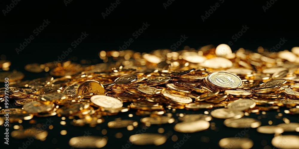 A pile of shimmering gold coins scattered across a dark surface, creating a luxurious and rich visual impression. A pile of shimmering gold coins scattered across a dark surface, creating a luxurious and rich visual impression.