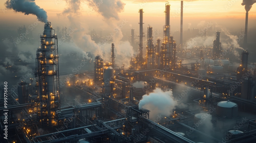 Industrial landscape with smokestacks and glowing lights at sunset. Industrial landscape with smokestacks and glowing lights at sunset.