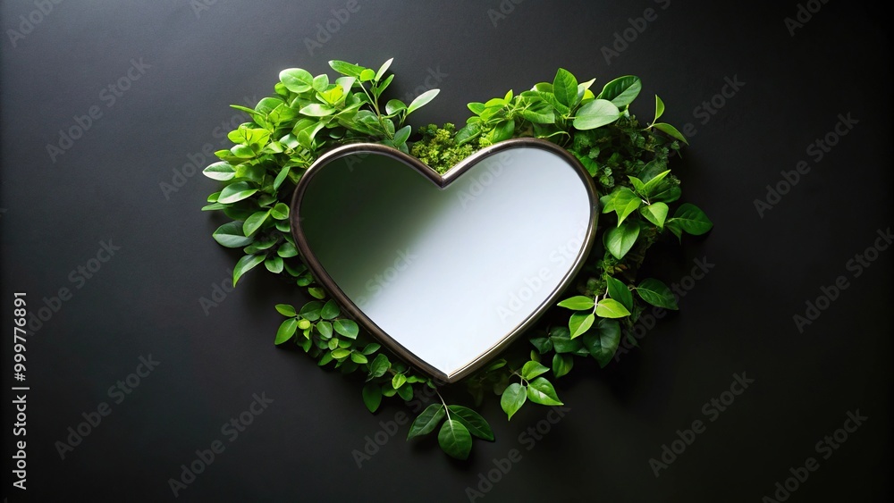 green leaves reflecting on black mirror surface green leaves reflecting on black mirror surface