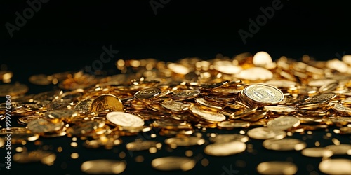 A pile of shimmering gold coins scattered across a dark surface, creating a luxurious and rich visual impression.