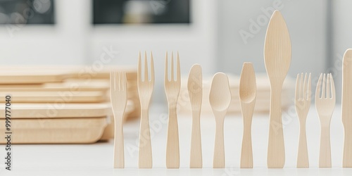 A collection of wooden cutlery arranged neatly on a table, featuring various utensils like forks, knives, and spoons.