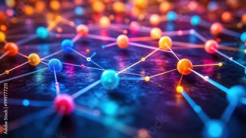 High-res digital network of floating neon-colored spheres connected by glowing lines, forming an abstract technology web, isolated on white