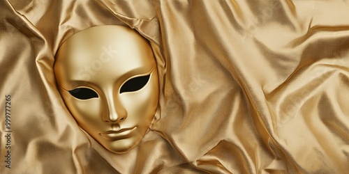 A golden mask with black eye holes lies on flowing silk fabric, creating an intriguing and mysterious visual composition. photo