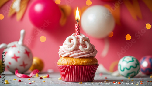 Birthday cupcake with burning lit candle with number 95. Number ninety-five for ninety-five years or ninety-fifth anniversary. photo