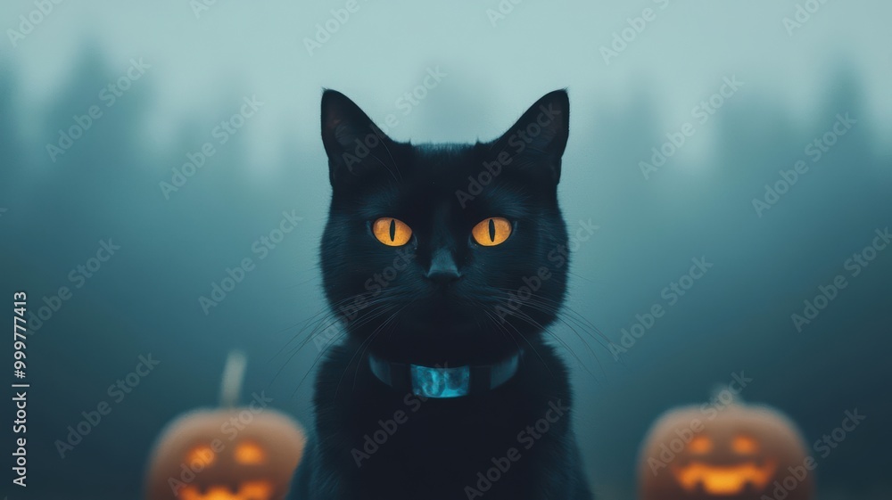 Haunted forest with glowing jack-o-lanterns, black cat with a holographic collar, misty and dark, watercolor, vintage Halloween feel, eerie and mysterious ambiance Haunted forest with glowing jack-o-lanterns, black cat with a holographic collar, misty and dark, watercolor, vintage Halloween feel, eerie and mysterious ambiance