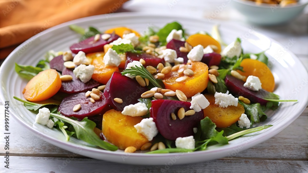 Delicious beet salad with goat cheese, arugula, and pine nuts served on a rustic wooden table during a summer gathering Delicious beet salad with goat cheese, arugula, and pine nuts served on a rustic wooden table during a summer gathering