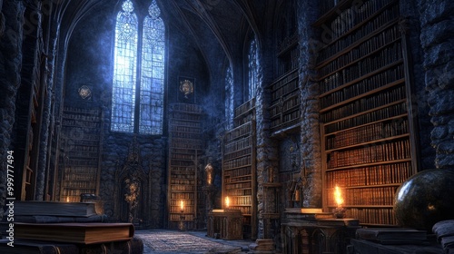 A hidden underground library with stone walls, books glowing with magical energy, and a crystal chandelier lighting the mysterious space