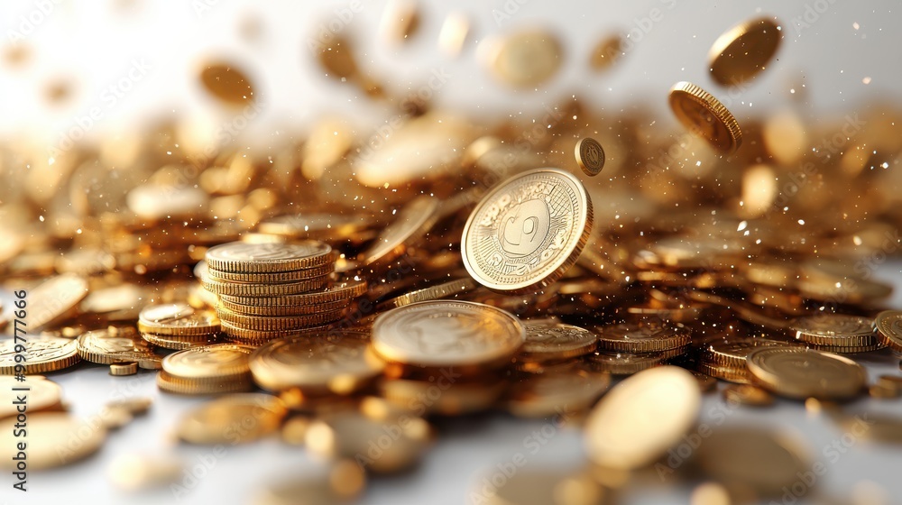 Pile of cash and abstract gold coins circulating in mid-air, isolated in a high-res 3D rendering on a white background Pile of cash and abstract gold coins circulating in mid-air, isolated in a high-res 3D rendering on a white background