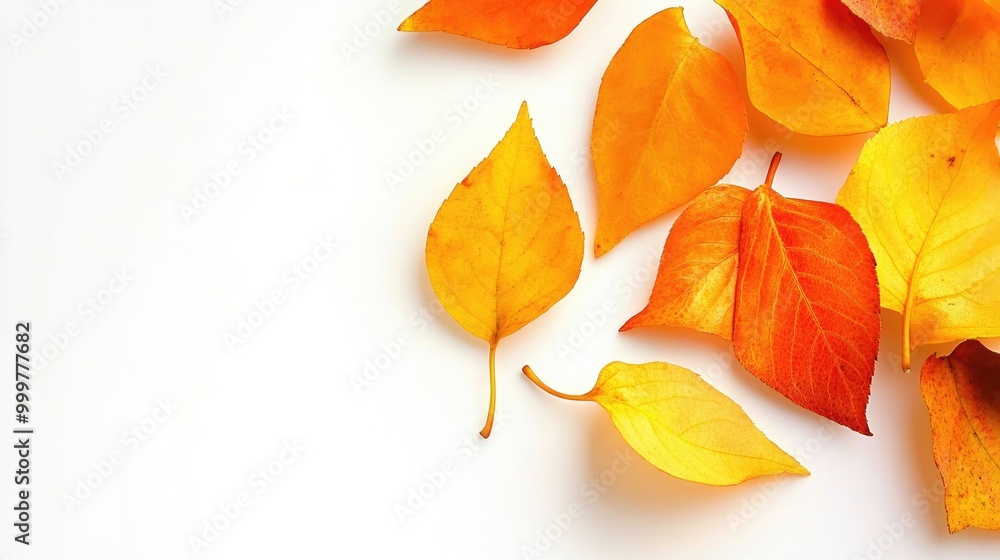 Fototapeta premium A vibrant arrangement of autumn leaves in warm colors on a light background, creating a perfect space for your seasonal text or product