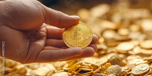 A hand holds a shiny gold c...