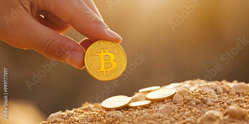 A hand holds a Bitcoin abov...