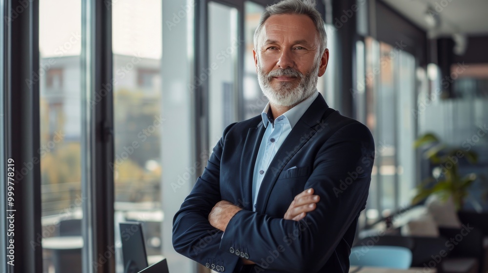 Confident senior manager in a modern office, wearing a formal dark suit Confident senior manager in a modern office, wearing a formal dark suit