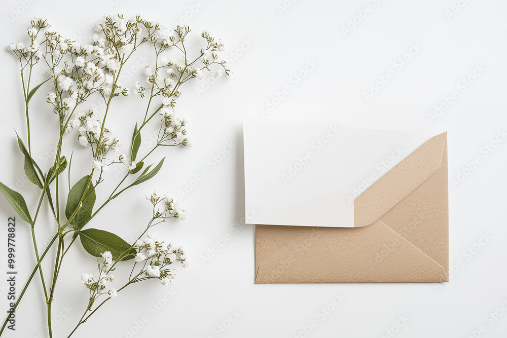 A5 white card mockup with an envelope next to it, on a tabletop view, in a minimalistic style, with some green leaves and baby's breath flowers on the side. Created with Ai A5 white card mockup with an envelope next to it, on a tabletop view, in a minimalistic style, with some green leaves and baby's breath flowers on the side. Created with Ai