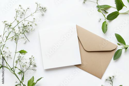 Flat lay mock-up of two blank white and beige cards with envelopes on a table, top view. Created with Ai