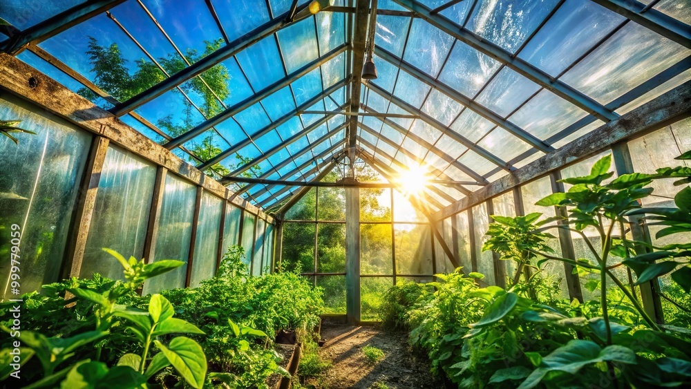 Green plants behind dirty greenhouse glass window in tropical house, sunbeam creating shadows Green plants behind dirty greenhouse glass window in tropical house, sunbeam creating shadows