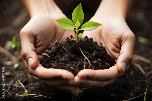 Plant Seedling Sprouting from Earth Held in Human Hands for Symbol of Growth, Care, and Environmental Sustainability