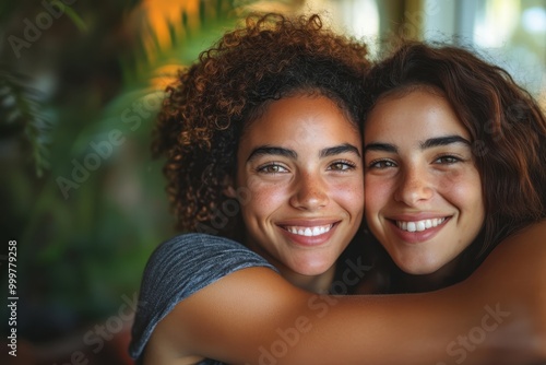 Smiling Friends Embracing in a Natural Setting