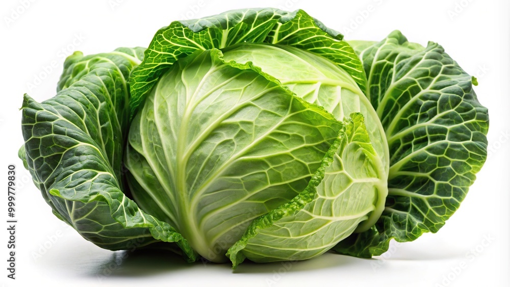 Obraz premium Green ripe white cabbage isolated on a white background in a tilted angle