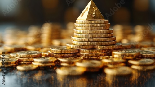 3D rendering of a gold coin pyramid with an abstract upward growth arrow, isolated on a white background