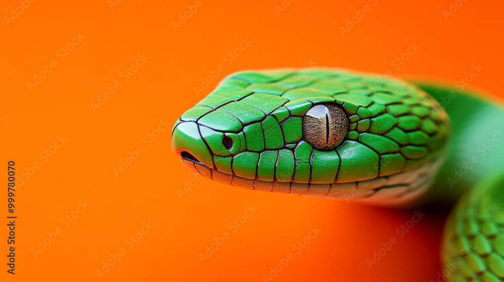 Detailed close-up of a green snake with textured scales and an intense eye, set against a vibrant orange background, creating bold contrast.
Detailed close-up of a green snake with textured scales and an intense eye, set against a vibrant orange background, creating bold contrast.
