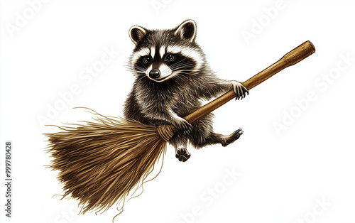 racoon on a broomstick photo