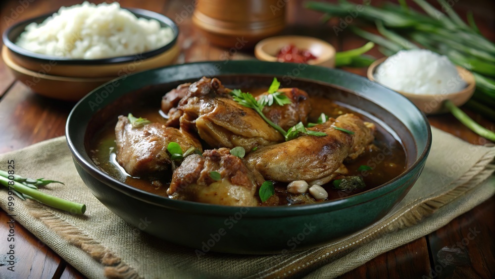 Delicious chicken adobo served with rice in a traditional Philippine setting Delicious chicken adobo served with rice in a traditional Philippine setting